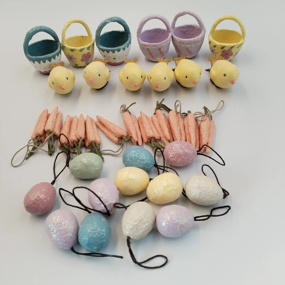 34pc Vintage Style Miniature Easter Ornaments Set Paper Mache Baskets Chicks Egg